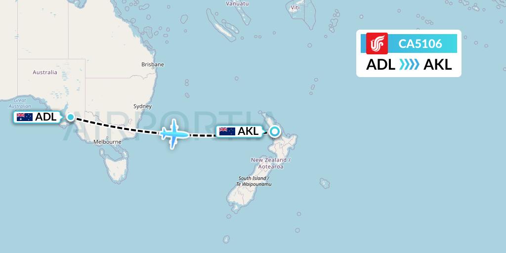 CA5106 Air China Flight Map: Adelaide to Auckland