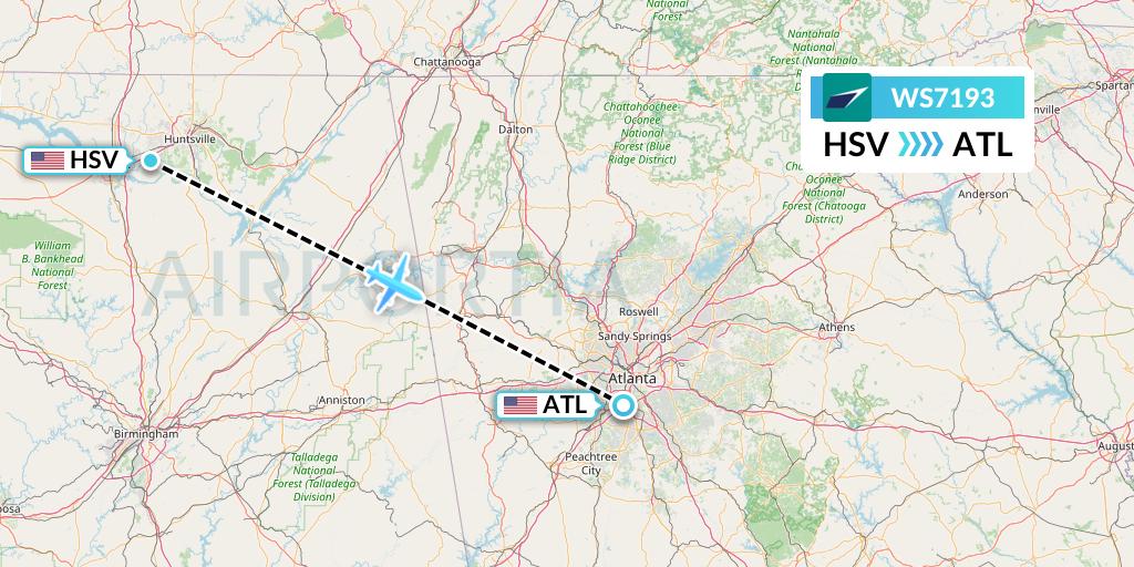 WS7193 WestJet Flight Map: Huntsville to Atlanta