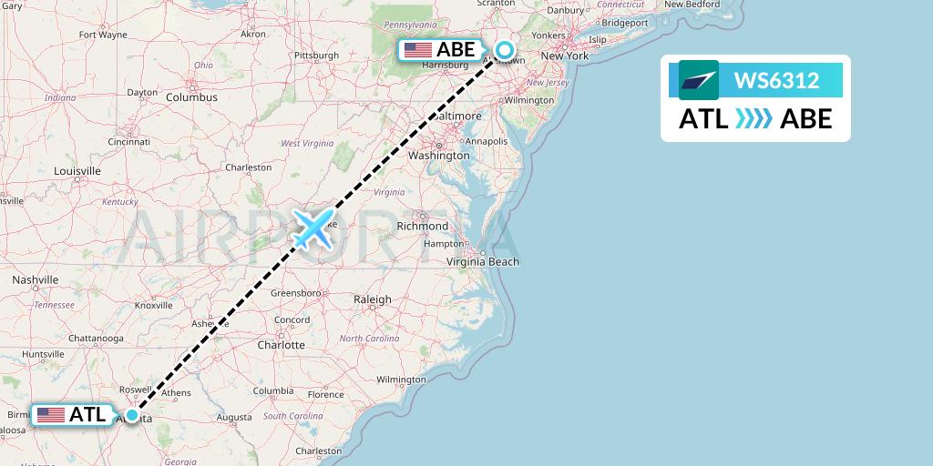 WS6312 WestJet Flight Map: Atlanta to Allentown