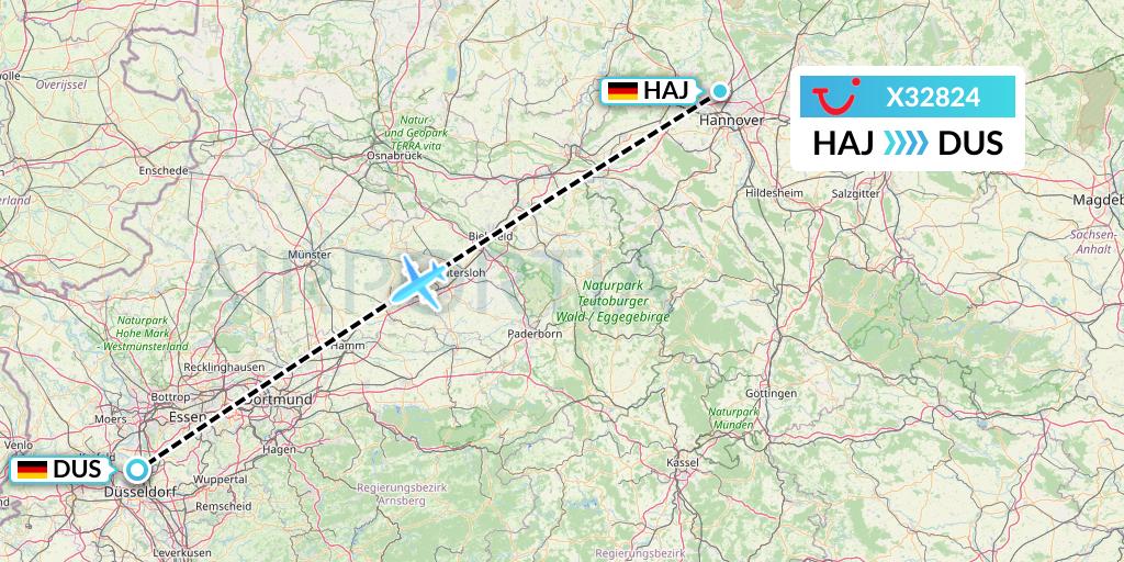 X32824 TUI fly Germany Flight Map: Hannover to Dusseldorf