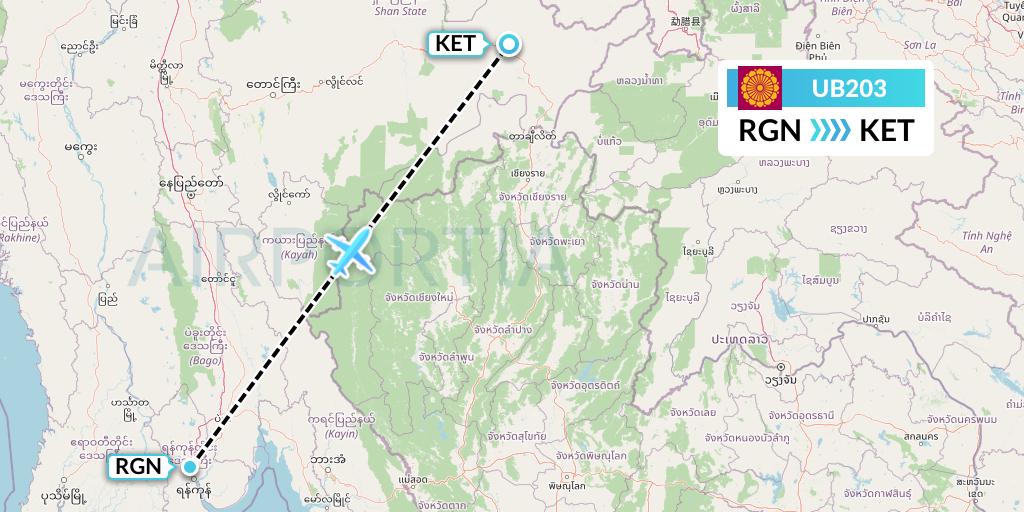 UB203 Myanmar National Airlines Flight Map: Yangon to Kengtung