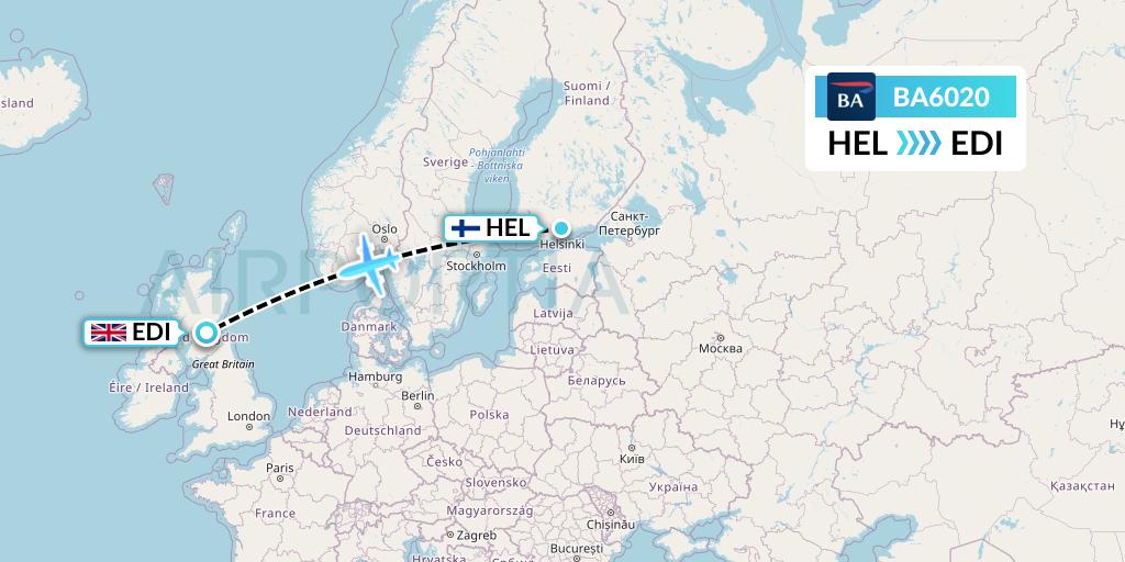 BA6020 British Airways Flight Map: Helsinki to Edinburgh