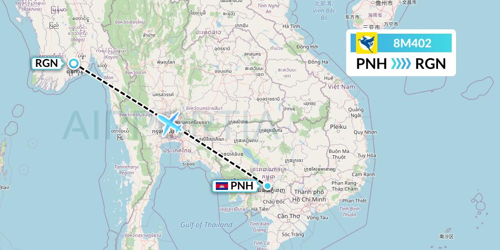 8M402 Myanmar Airways International Flight Map: Phnom Penh to Yangon