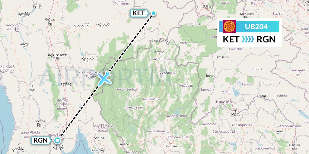 UB204 Myanmar National Airlines Flight Map: Kengtung to Yangon