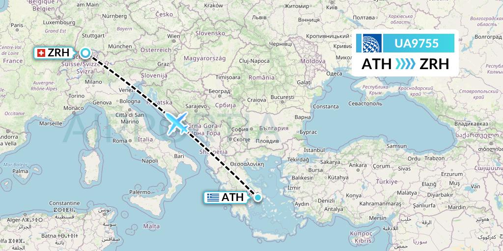 UA9755 United Airlines Flight Map: Athens to Zurich