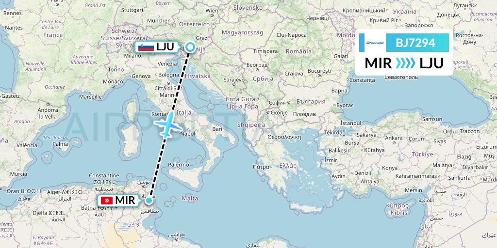 BJ7294 Nouvelair Tunisie Flight Map: Monastir to Ljubljana