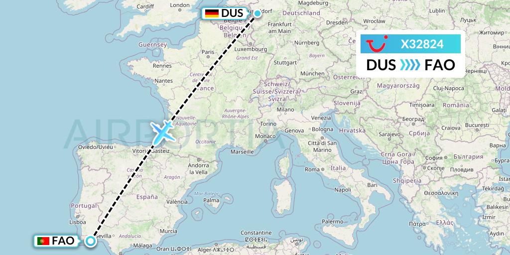 X32824 TUI fly Germany Flight Map: Dusseldorf to Faro