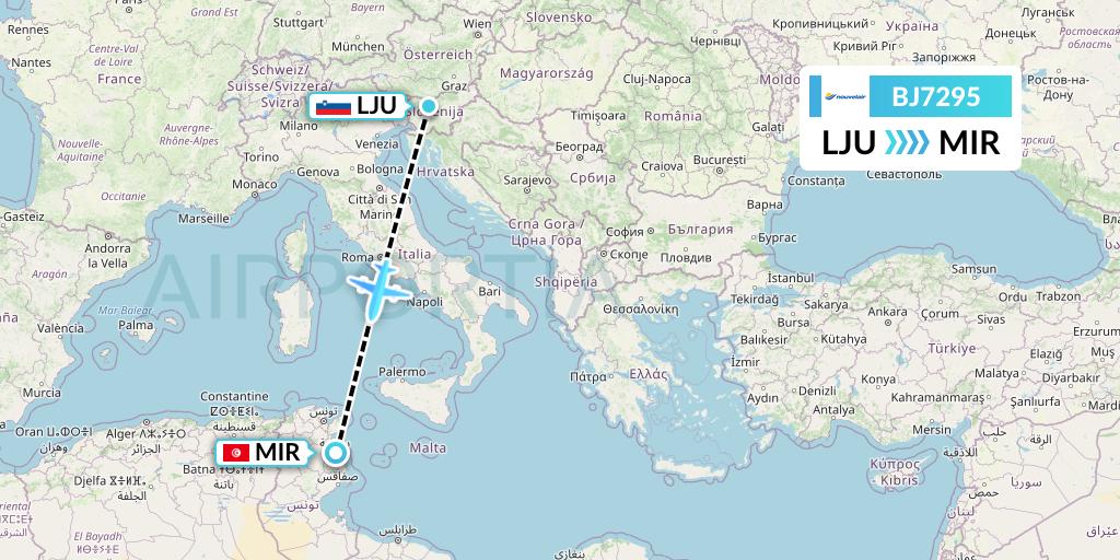 BJ7295 Nouvelair Tunisie Flight Map: Ljubljana to Monastir