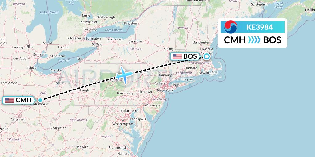 KE3984 Korean Air Flight Map: Columbus to Boston