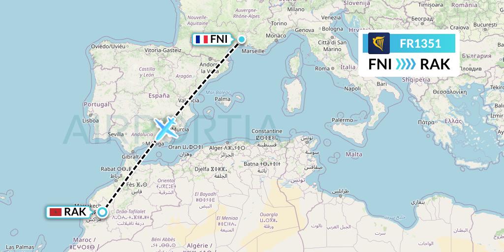 FR1351 Ryanair Flight Map: Nimes to Marrakesh 