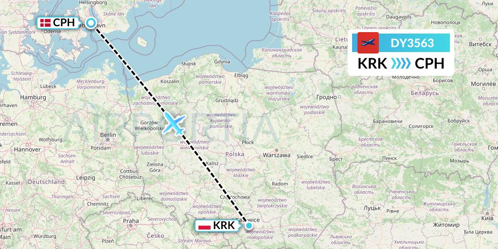 DY3563 Norwegian Flight Map: Krakow to Copenhagen
