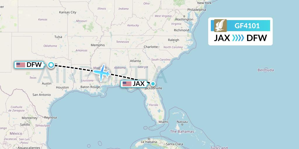 GF4101 Gulf Air Flight Map: Jacksonville to Dallas