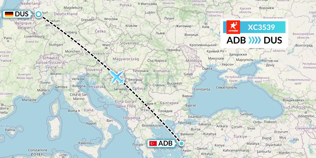 XC3539 Corendon Airlines Flight Map: Izmir to Dusseldorf