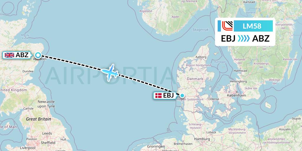 LM58 Loganair Flight Map: Esbjerg to Aberdeen
