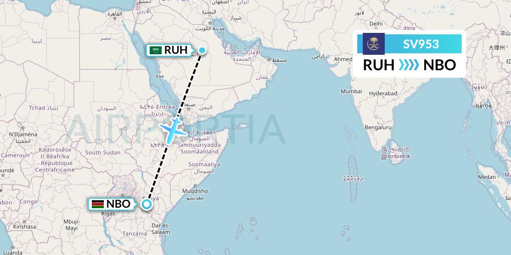 SV953 Saudi Arabian Airlines Flight Map: Riyadh to Nairobi