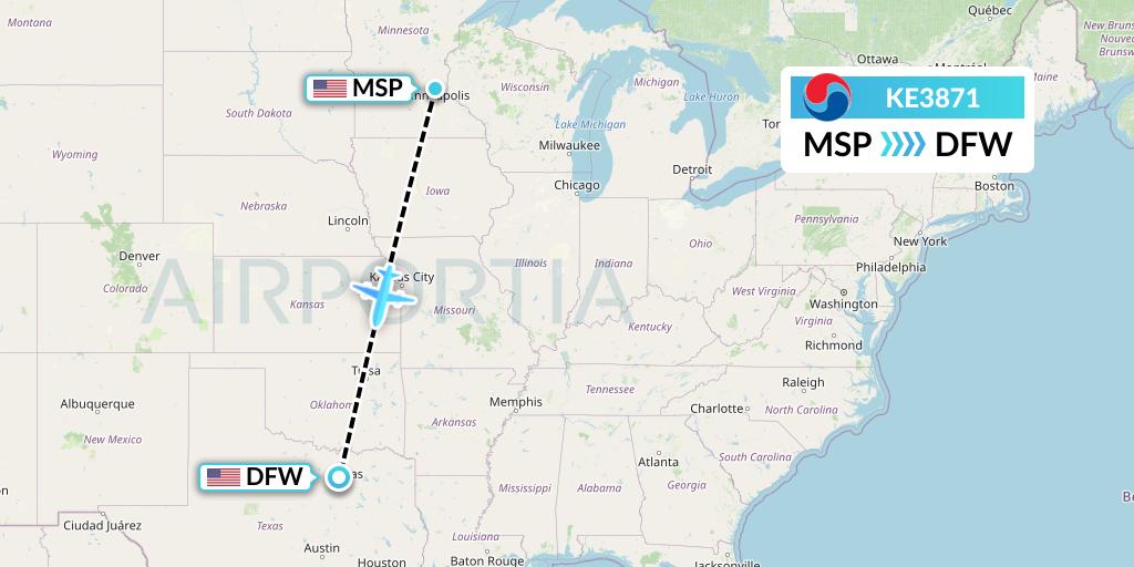 KE3871 Korean Air Flight Map: Minneapolis to Dallas
