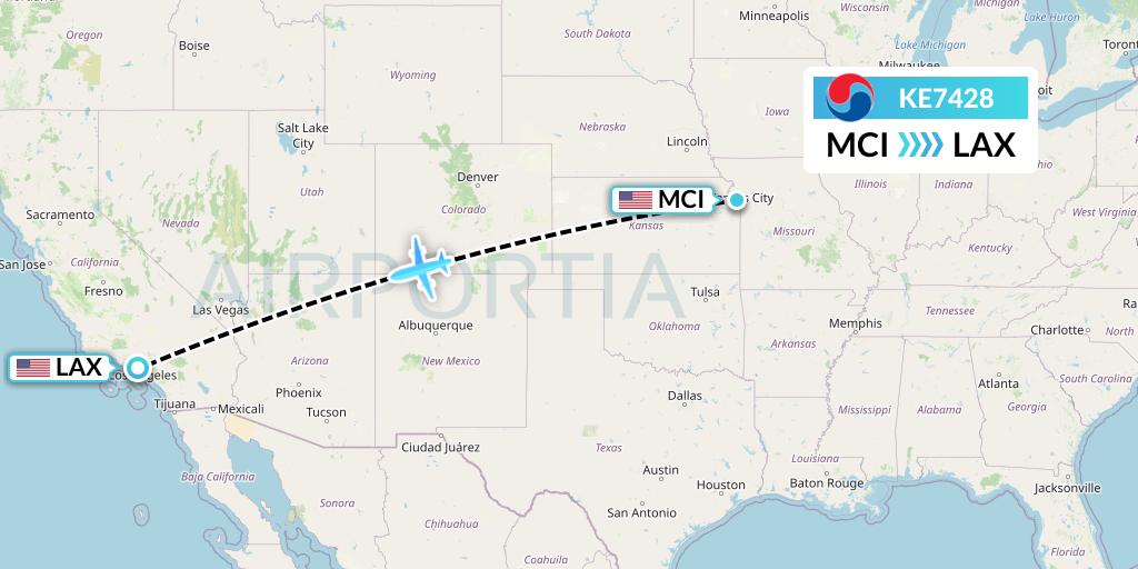 KE7428 Korean Air Flight Map: Kansas City to Los Angeles