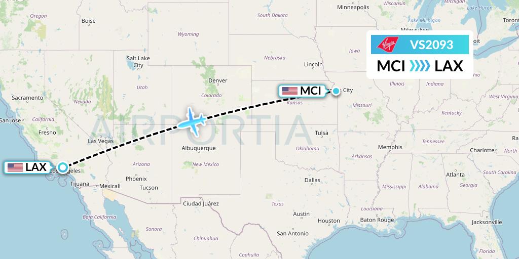 VS2093 Virgin Atlantic Airways Flight Map: Kansas City to Los Angeles