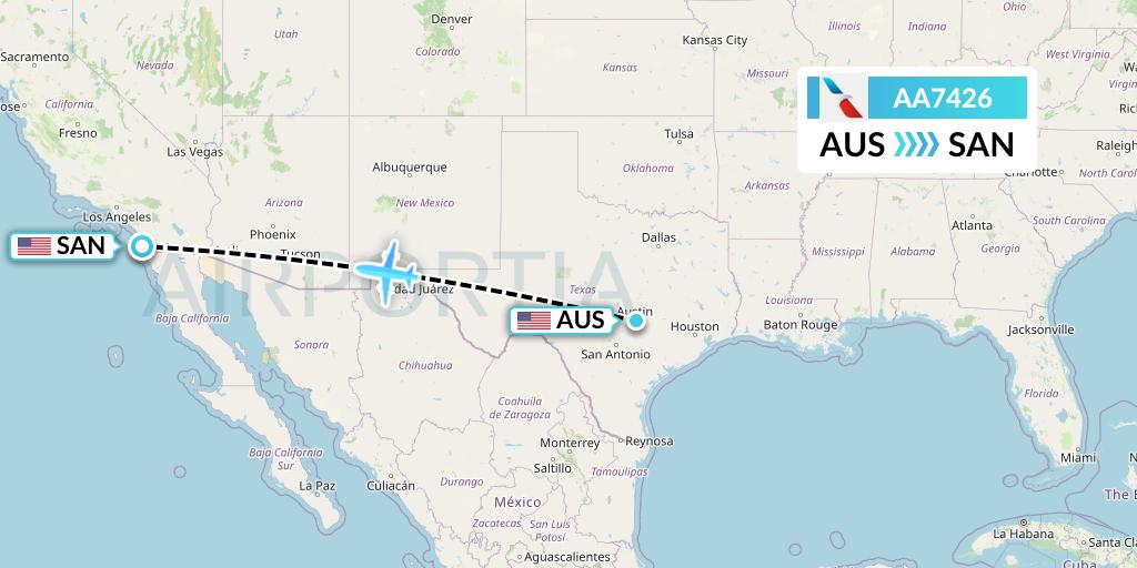 AA7426 American Airlines Flight Map: Austin to San Diego