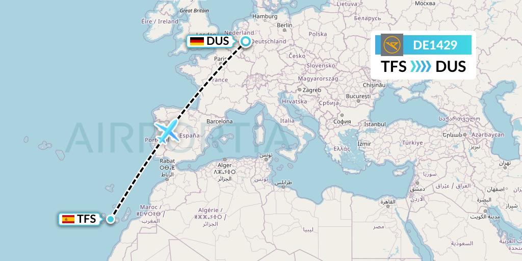 DE1429 Condor Flight Map: Tenerife to Dusseldorf