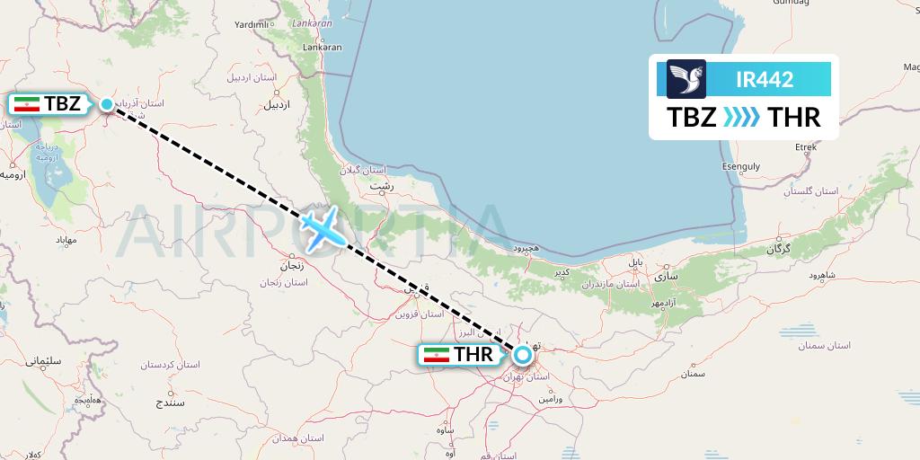 IR442 Iran Air Flight Map: Tabriz to Tehran