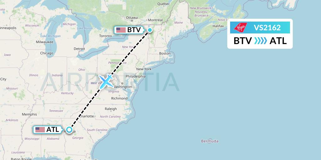 VS2162 Virgin Atlantic Airways Flight Map: Burlington to Atlanta