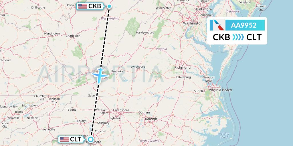 AA9952 American Airlines Flight Map: Clarksburg to Charlotte