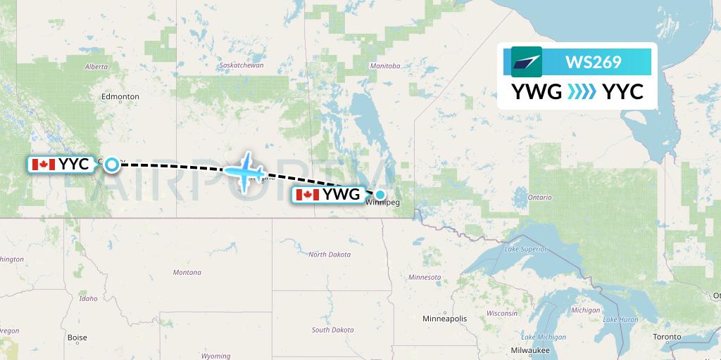 WS269 WestJet Flight Map: Winnipeg to Calgary