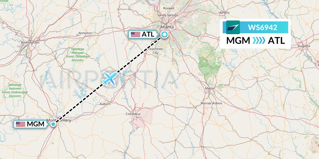 WS6942 WestJet Flight Map: Montgomery to Atlanta