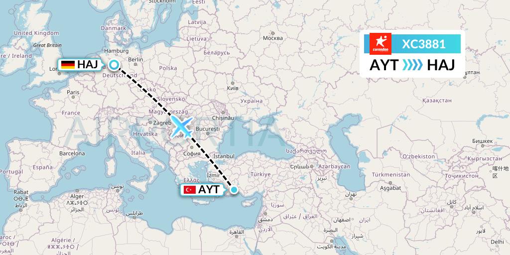 XC3881 Corendon Airlines Flight Map: Antalya to Hannover