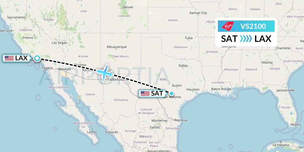 VS2100 Virgin Atlantic Airways Flight Map: San Antonio to Los Angeles