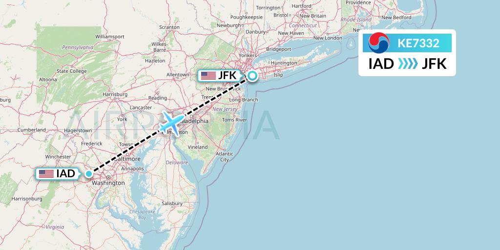 KE7332 Korean Air Flight Map: Washington to New York