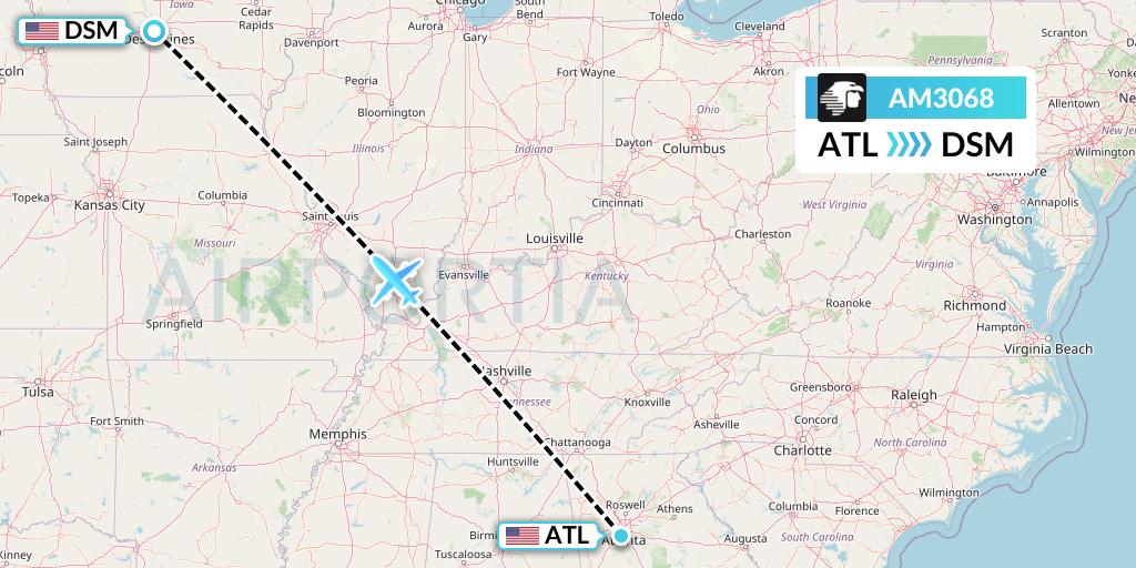 AM3068 Aeromexico Flight Map: Atlanta to Des Moines