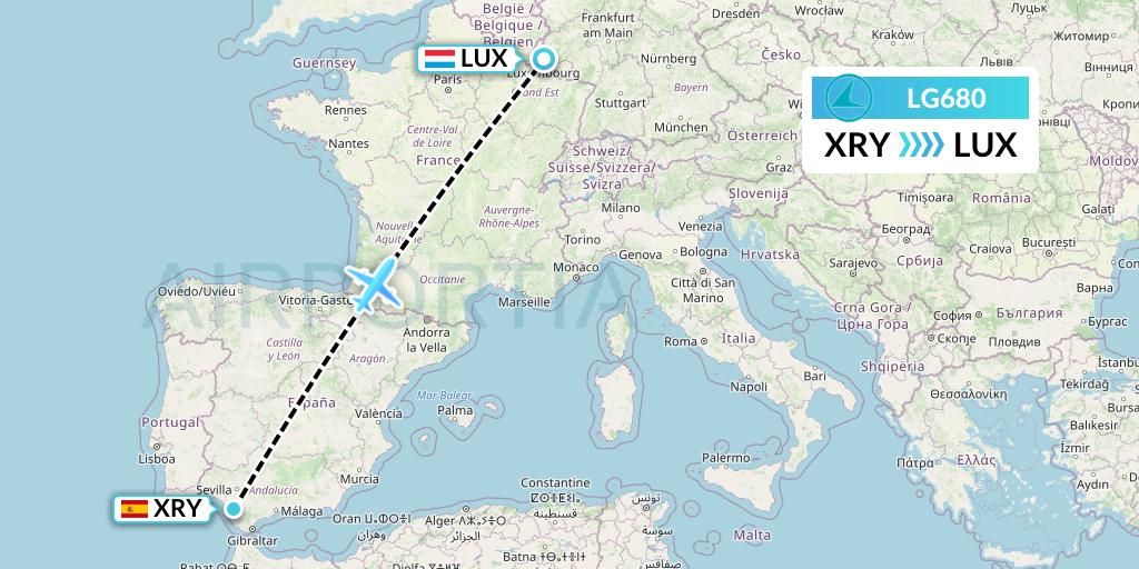LG680 Luxair Flight Map: Jerez to Luxembourg