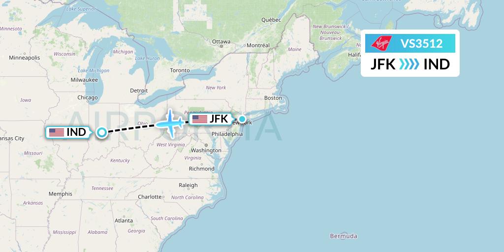 VS3512 Virgin Atlantic Airways Flight Map: New York to Indianapolis