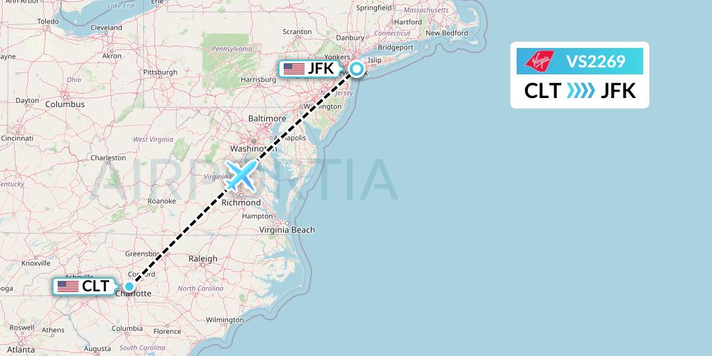 VS2269 Virgin Atlantic Airways Flight Map: Charlotte to New York