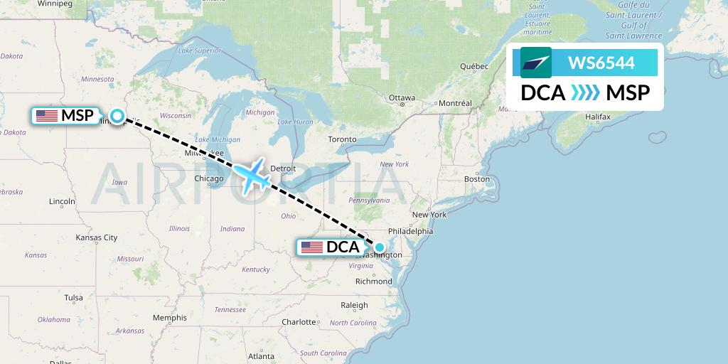 WS6544 WestJet Flight Map: Washington to Minneapolis