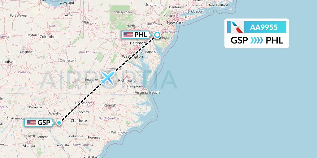 AA9955 American Airlines Flight Map: Greenville-Spartanburg to Philadelphia