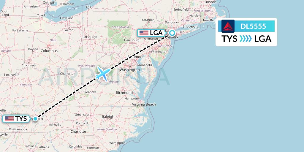 DL5555 Delta Air Lines Flight Map: Knoxville to New York