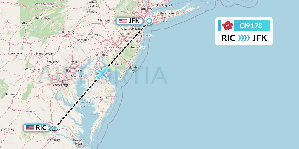 CI9178 China Airlines Flight Map: Richmond to New York