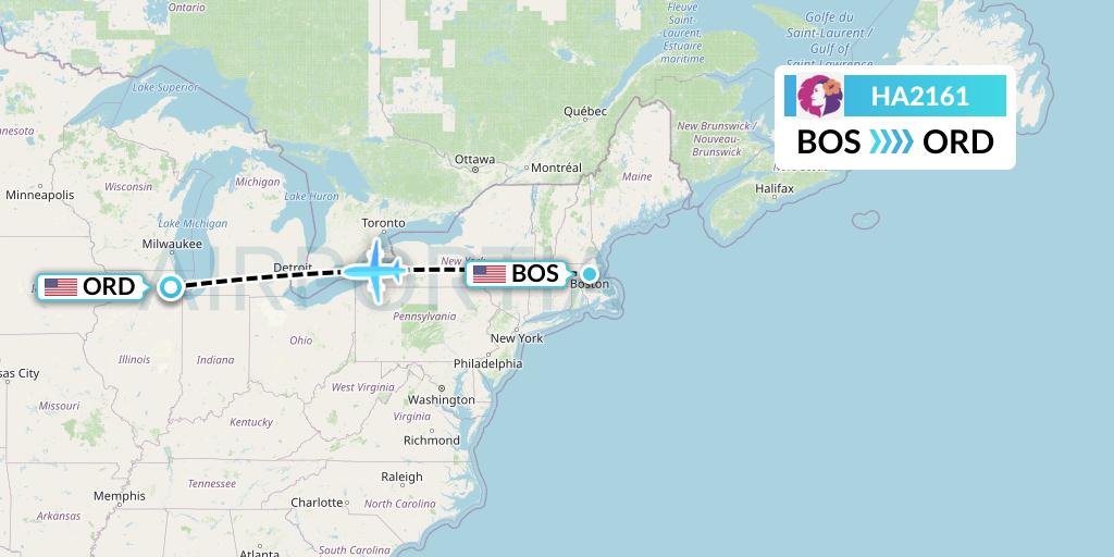 HA2161 Hawaiian Airlines Flight Map: Boston to Chicago