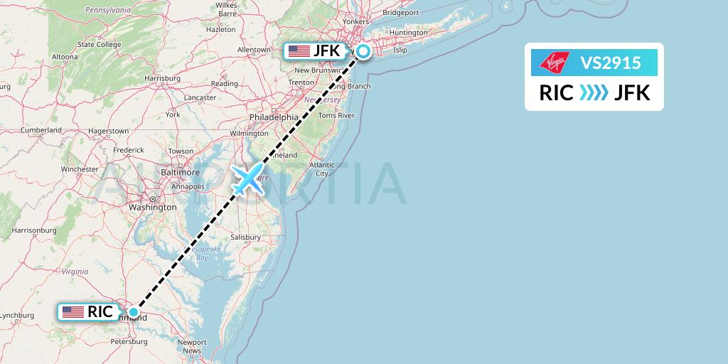 VS2915 Virgin Atlantic Airways Flight Map: Richmond to New York