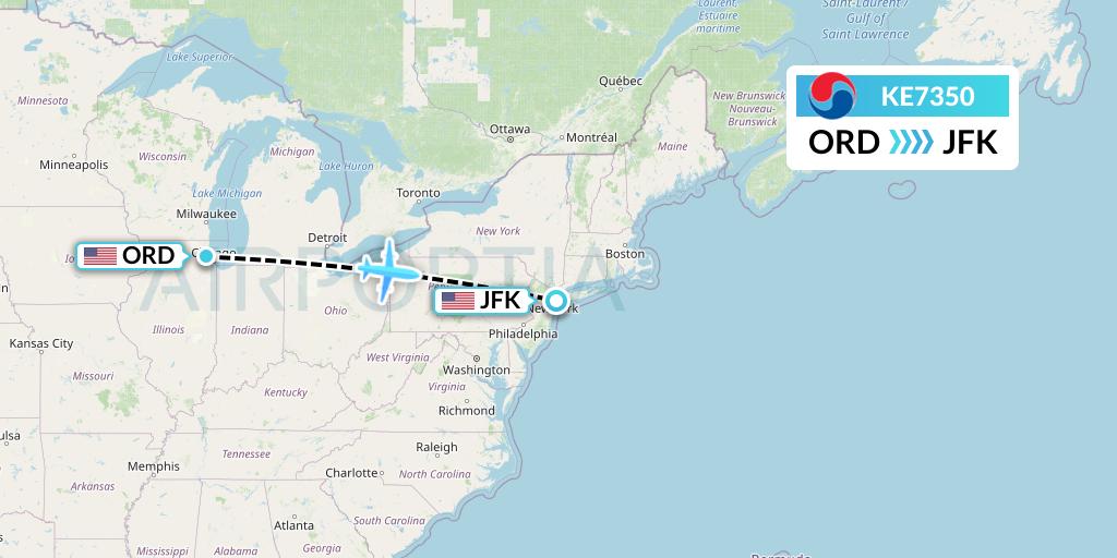 KE7350 Korean Air Flight Map: Chicago to New York