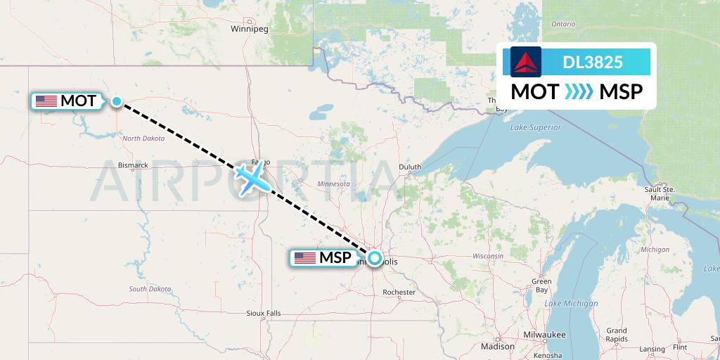 DL3825 Delta Air Lines Flight Map: Minot to Minneapolis