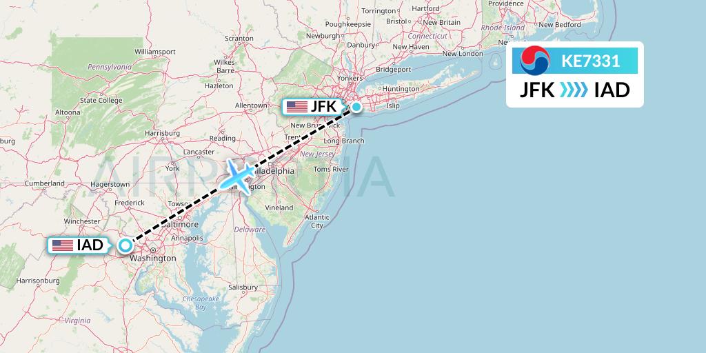 KE7331 Korean Air Flight Map: New York to Washington