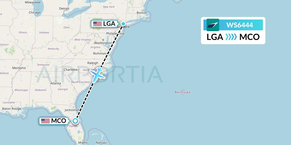 WS6444 WestJet Flight Map: New York to Orlando