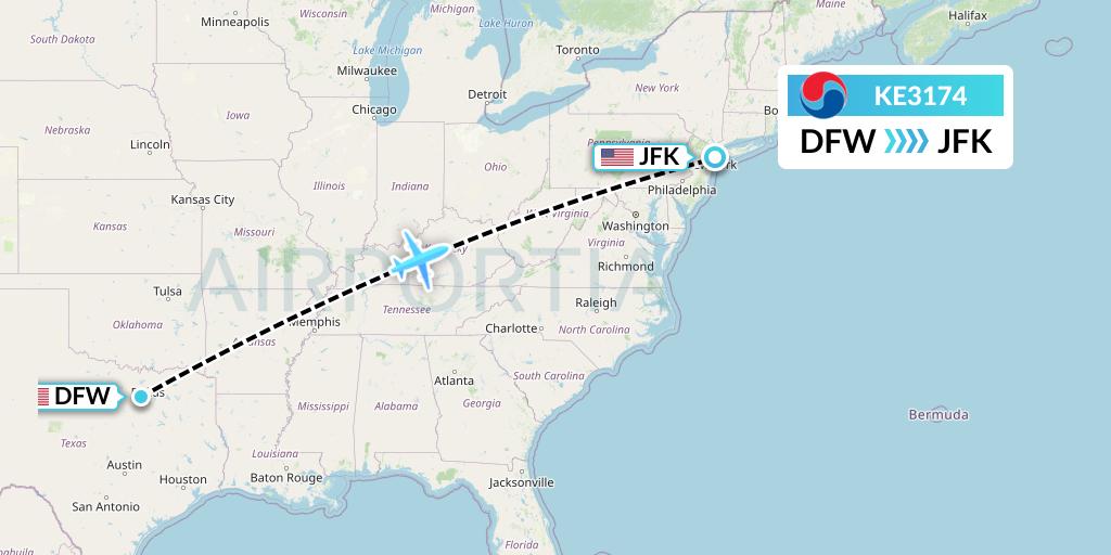 KE3174 Korean Air Flight Map: Dallas to New York
