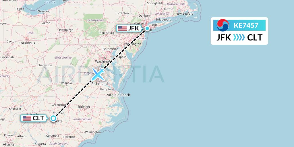 KE7457 Korean Air Flight Map: New York to Charlotte