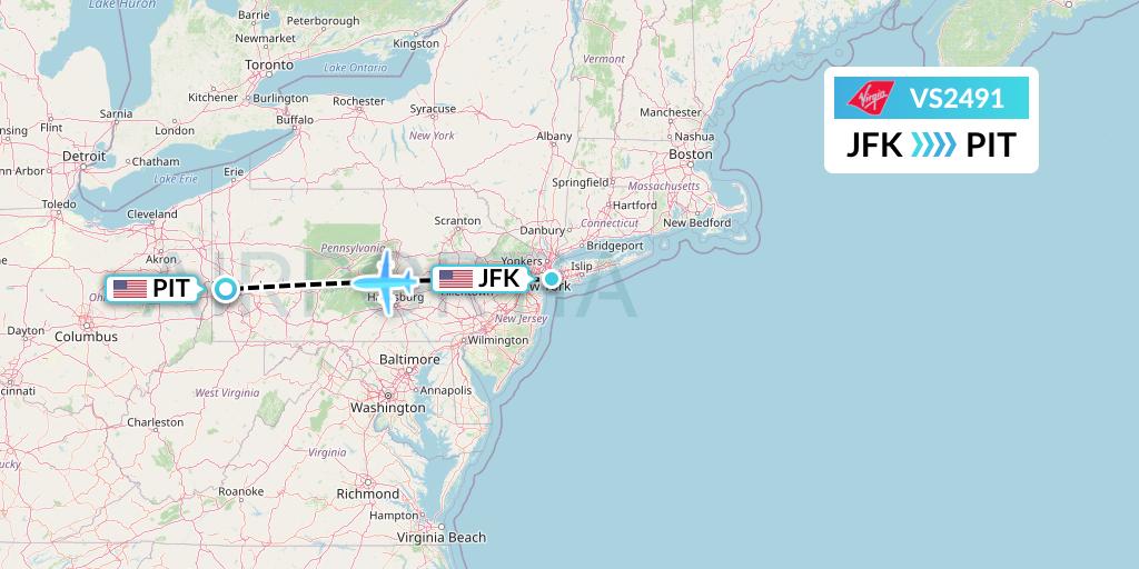 VS2491 Virgin Atlantic Airways Flight Map: New York to Pittsburgh