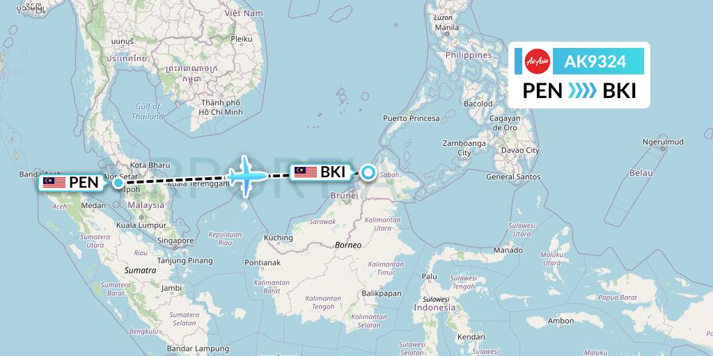 AK9324 AirAsia Flight Map: Penang to Kota Kinabalu